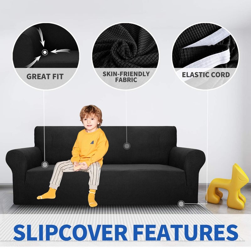 MAXIJIN Super Stretch Couch Cover for 3 Cushion Couch, 1-Piece Universal Sofa Covers Living Room Jacquard Spandex Furniture Protector Dogs Pet Friendly Fitted (Large, Black) - Image 3